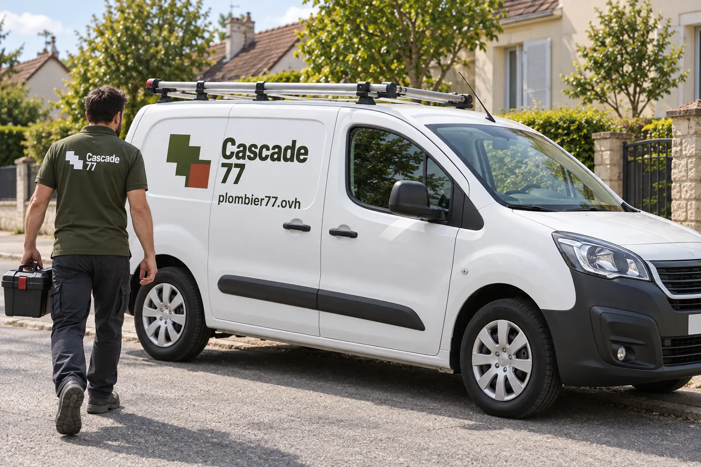 Camionnette Cascade 77 garée dans une rue pavillonnaire de Seine-et-Marne, plombier en route avec sa caisse à outils