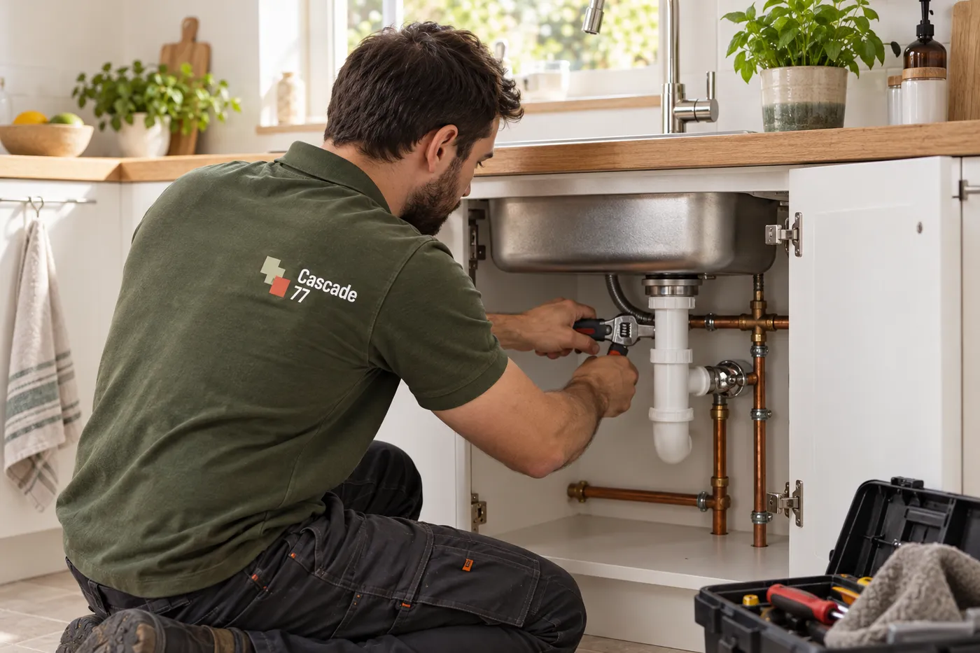 Plombier de Cascade 77 réparant le siphon et les raccords cuivre sous un évier de cuisine en Seine-et-Marne