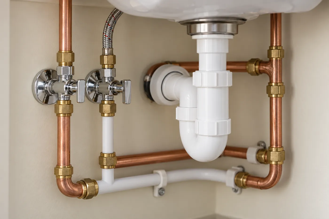 Raccords cuivre et PER neufs avec robinets d'arrêt sous un lavabo après réparation d'une fuite