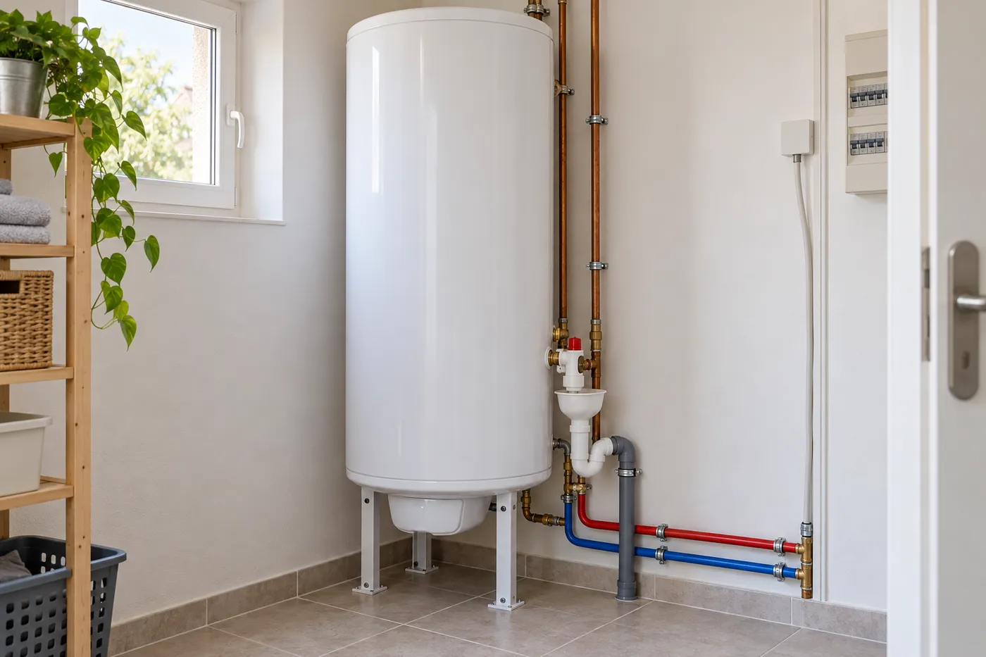 Chauffe-eau électrique vertical neuf avec groupe de sécurité et raccords cuivre et PER dans un cellier